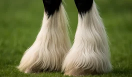Close-up of silky white feathering on the legs of a black Shire horse with blurred background