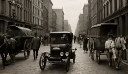 Rua de cidade histórica por volta de 1912 com cavalos e automóveis Ford Model T dividindo a mesma rua de paralelepípedo