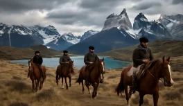 Grupo de jinetes a caballo en la Patagonia con lago glacial y los Andes nevados al fondo