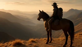 Jinete solitario a caballo en la cima de una montaña con vistas panorámicas al atardecer