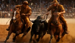 Dupla de vaqueiros em corrida de vaquejada, derrubando boi na cal em arena nordestina