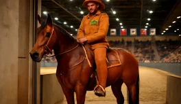 Vaquejada rider representing the Brazilian sport outside the northeastern sertão in an outdoor arena